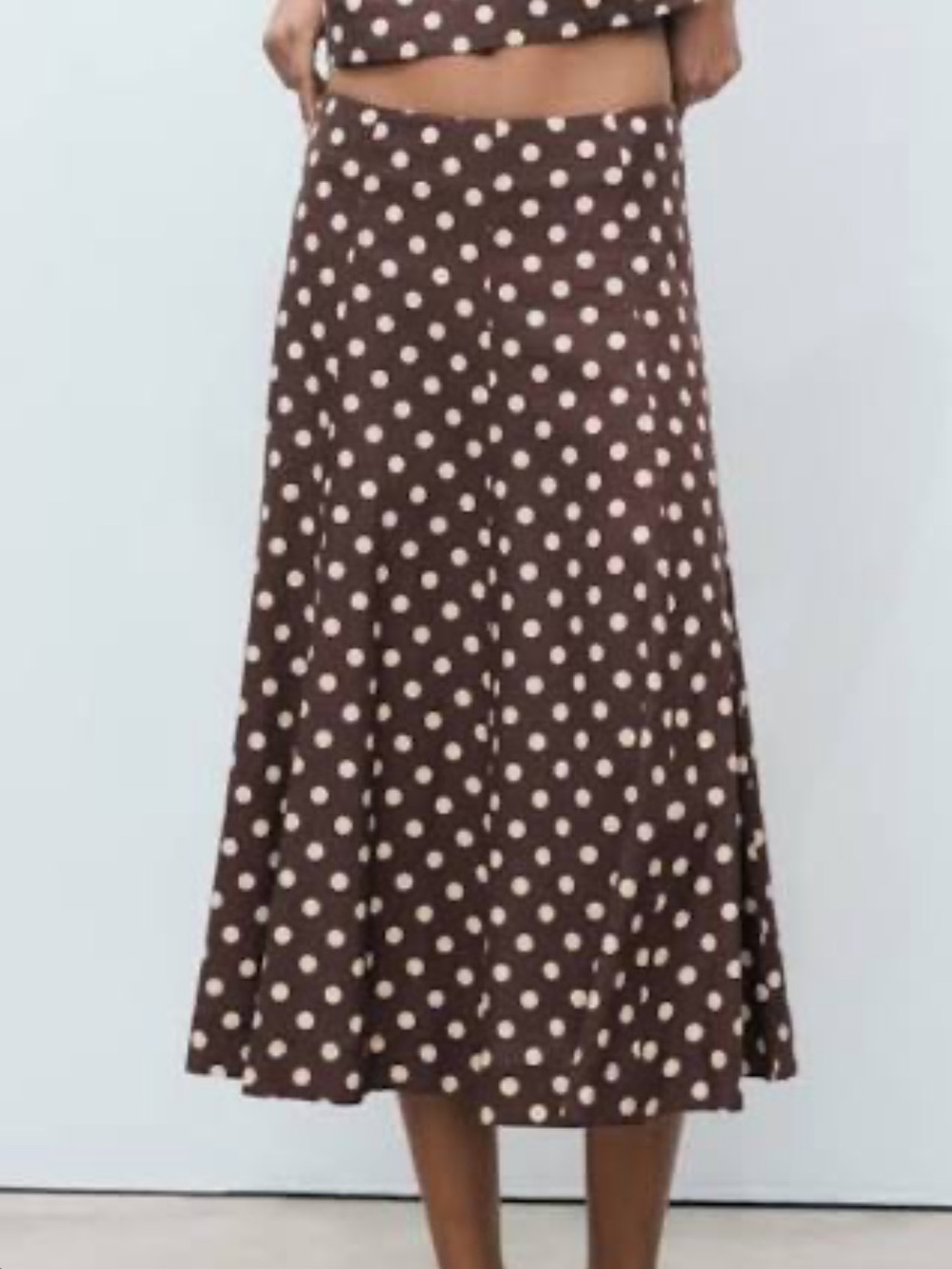 Mango Brown Polka Dot Midi Skirt with White Dots